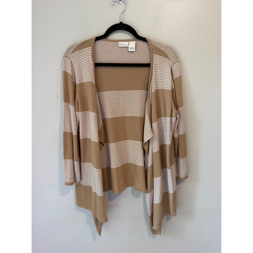 Kim Rogers Tan White Striped Open Front Draped Cardigan Sweater Large